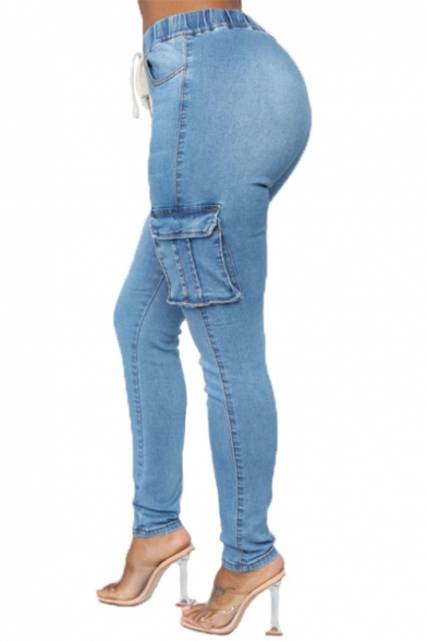 Womens Plus Size New Fashion Drawstring Waist Flap Pocket Skinny Fit Jeans