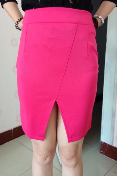 Womens Stylish High Waist Plain Slit Front Zip-Back Mini Shaped Office Skirt