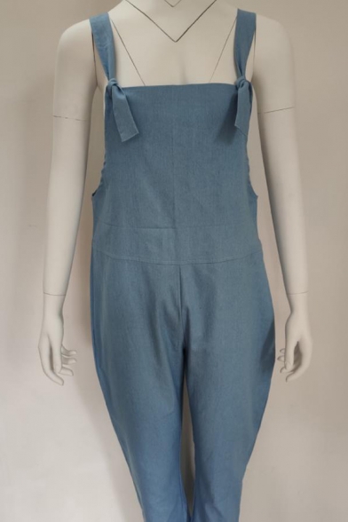Womens Stylish Blue Straps Pocket Back Casual Loose Plain Overall Jumpsuits