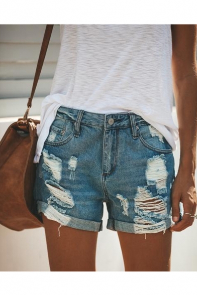 Womens Summer Blue Fashion Destroyed Ripped Rolled Cuff Casual Denim Shorts