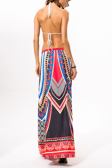 Womens Summer Fashion Tribal Printed Drawstring Waist Maxi Beach Flared Skirt