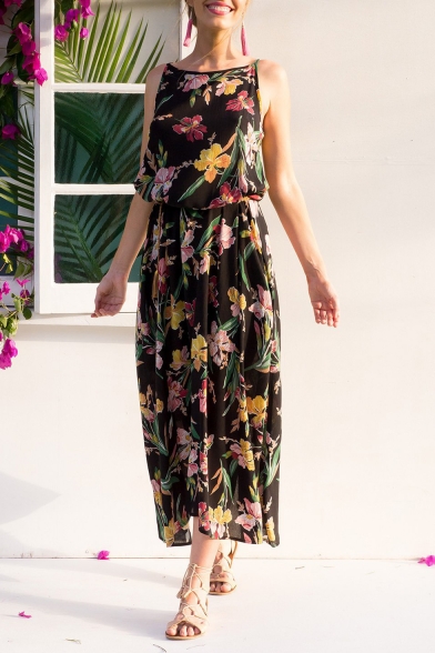Womens Summer Holiday Fashion Black Floral Printed Maxi Cami Beach Dress