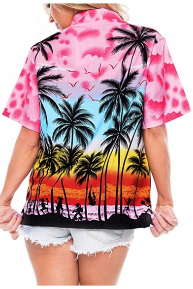 Womens Summer Holiday Tropical Coconut Print Short Sleeve Hawaiian Shirt