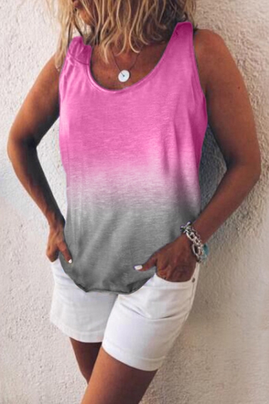 Womens Summer Trendy Ombre Color Round Neck Sleeveless Loose Fit Tank Top