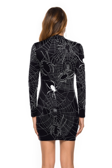 Womens Trendy Halloween Style Black Spider Wed Print High Neck Long Sleeves Zip-Back Mini Fitted Dress