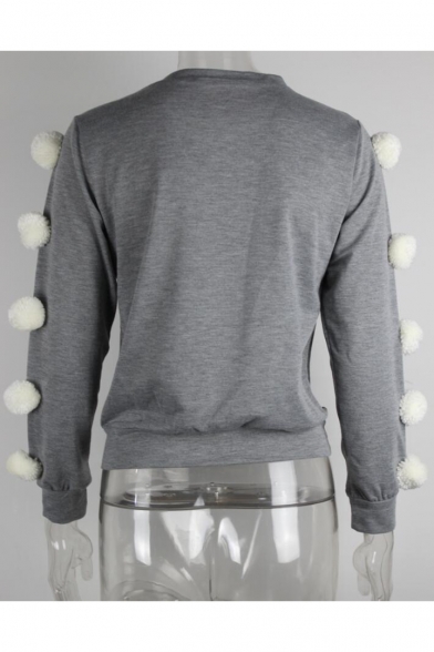 Womens Unique Cool Pompom Embellished Long Sleeve Grey Fitted Sweatshirt