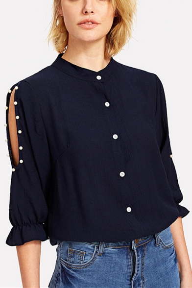 Chic Simple Plain Beading Embellished Cutout Sleeve Button Down Shirt Blouse