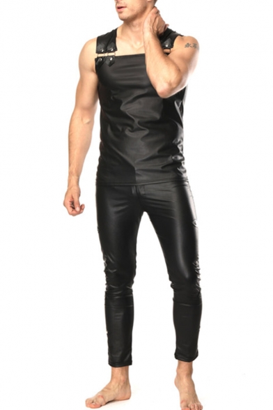 Cool Black PU Leather Sleeveless Mens Rompers Jumpsuit Party Overalls Sexy Clubwear