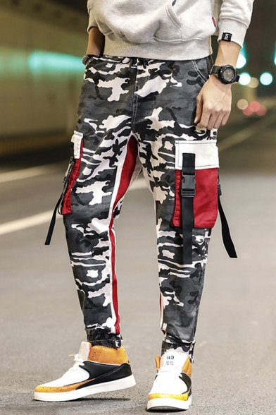 Cool Fashion Camouflage Print Buckle Strap Flap Pocket Drawstring Waist Men's Cotton Cargo Pants
