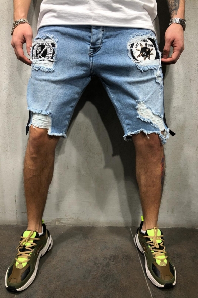 Cool Fashion Destroyed Ripped Detail Graphic Embroidery Patched Slim Fit Denim Shorts