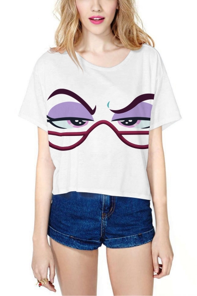 Cool Funny Cartoon Eyes Printed Round Neck Short Sleeve White Casual Crop Tee