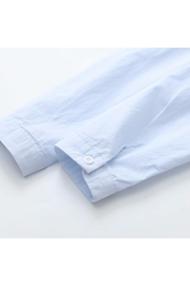 Cute Cartoon Letter Cat Pocket Simple Long Sleeve Button Down Casual Shirt