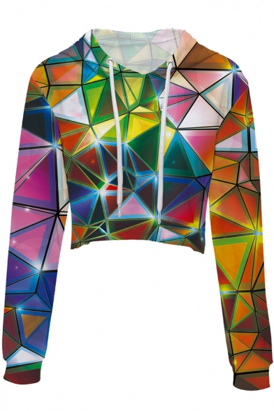 Fancy Colorful Geometric Printed Long Sleeve Cropped Drawstring Hoodie