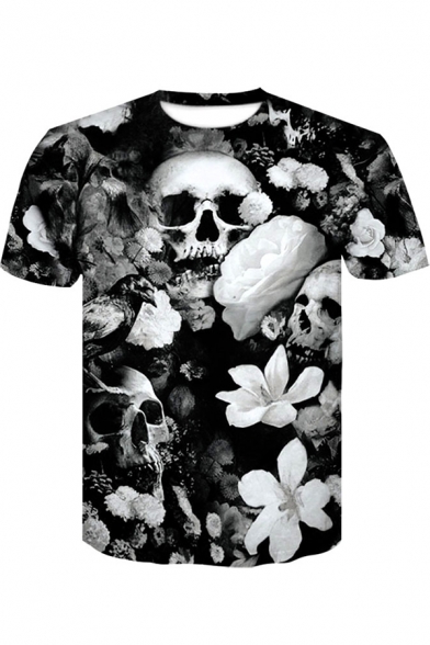 Fashion Black Floral Skull Printed Round Neck Short Sleeve T-Shirt