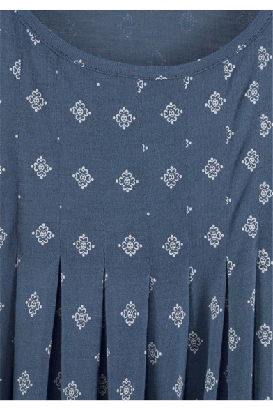 Fashion Blue Allover Star Printed Round Neck Sleeveless Pleated Midi Casual Tank Dress