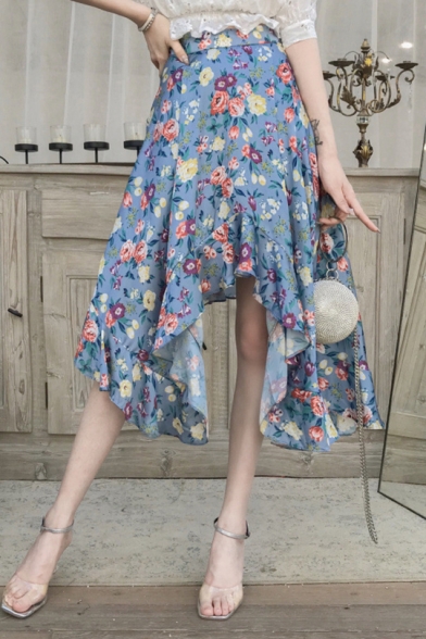 Fashion Chic Womens High Waist Floral Print Asymmetric Ruffle Hem Midi Chic Skirt