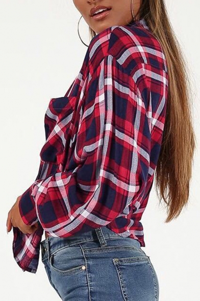 Fashion Sexy Check Print Button Down Chest Front Pocket Knotted Long Sleeve Shirts