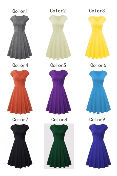 Fashion Simple Plain Surplice V-Neck Short Sleeve Midi A-Line Dress