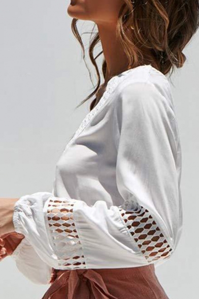 Fashion Womens Plain Lace Plunge V Neck Cutout Crochet Elastic Cuff Casual Loose Blouse