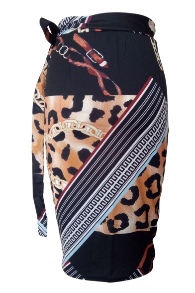 Fashionable Summer Classic Leopard Chain Print Split Front Tie Waist Midi Skirt