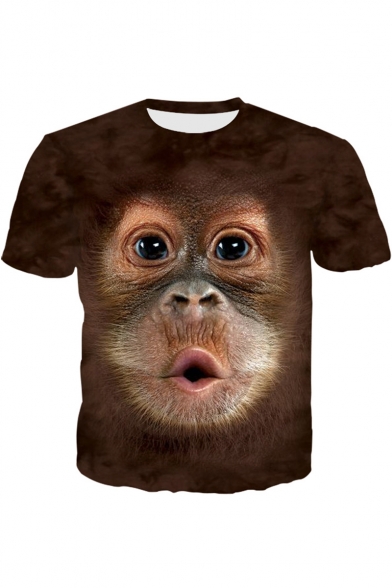 Funny 3D Gorilla Animal Printed Khaki Round Neck Short Sleeve T-Shirt