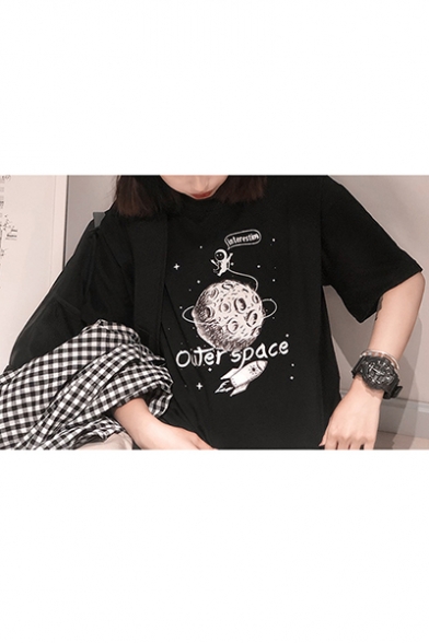 Funny Cartoon Astronaut Outer Space Print Black Loose Fit Graphic Tee