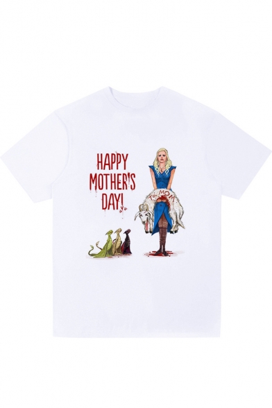 Funny Cartoon Figure Letter Printed Round Neck Short Sleeve White Tee