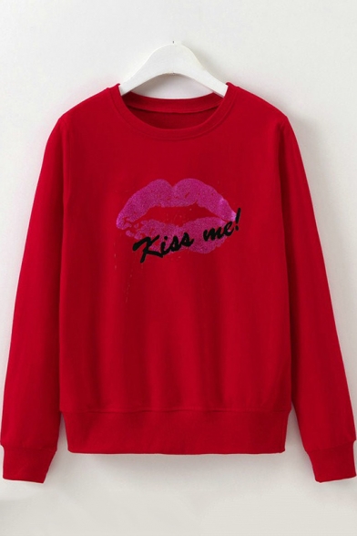 Funny Red Lip Letter KISS ME Printed Crewneck Long Sleeve Casual Sweatshirt
