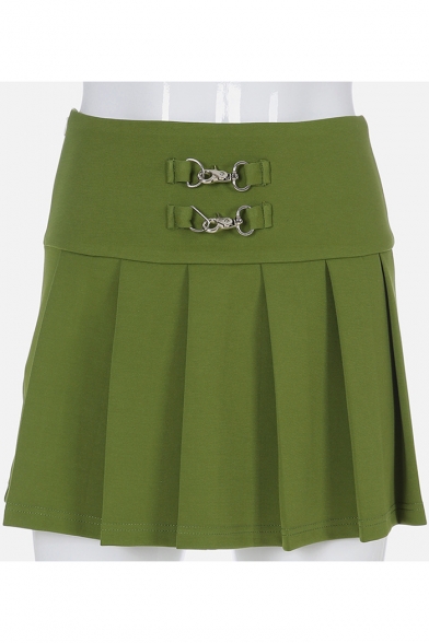Girls Cool Metal Buckle Embellished High Rise Popular Green Mini A-Line Pleated Skirt