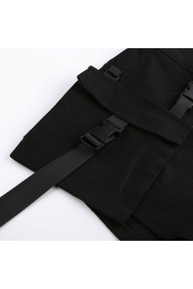 Girls Cool Street Fashion Buckled Pocket Side Black Slim Shorts