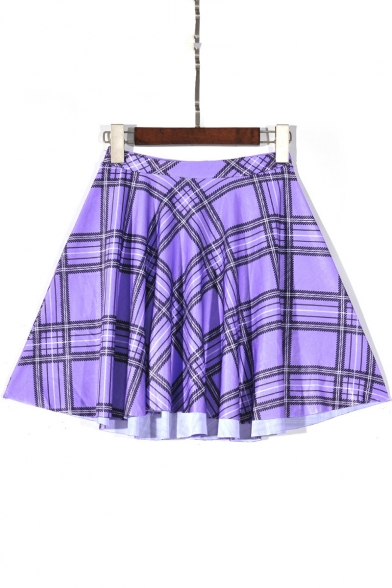 Girls Hot Fashion Purple Check Printed Mini A-Line Pleated Skater Skirt