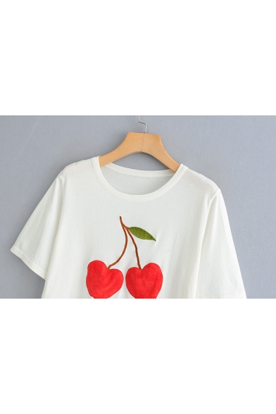 Girls Simple Cherry Embroidery Round Neck Short Sleeve Crop Tee