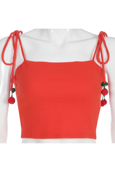Girls Summer Red Cute Strawberry Tied Strap Slim Fitted Crop Cami Top