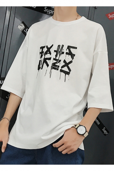 Guys Cool Street Letter Printed Round Neck Loose Oversized T-Shirt