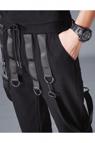 Guys New Stylish Strap Embellished Simple Plain Black Drawstring Waist Casual Sweatpants Pencil Pants