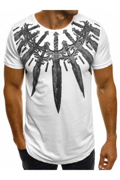 Guys Summer Cool Sword Print Round Neck Short Sleeve Fitted T-Shirt