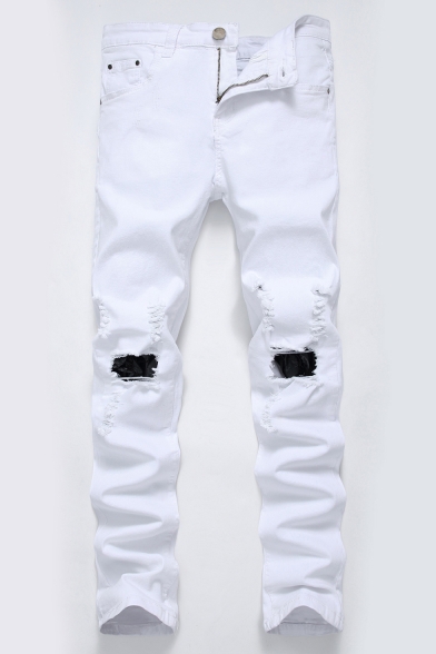 Guys Trendy Solid Color Slim Fit Destroyed Ripped Jeans with Holes