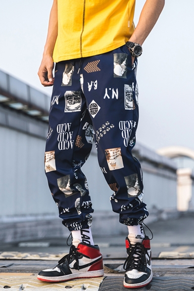 Guys Trendy Street Style Letter Printed Drawstring Cuffs Loose Fit Casual Track Pants