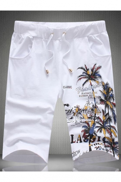 Hawaii Style Letter Tree Printed Drawstring Waist Men's Casual Cotton Beach Sweat Shorts