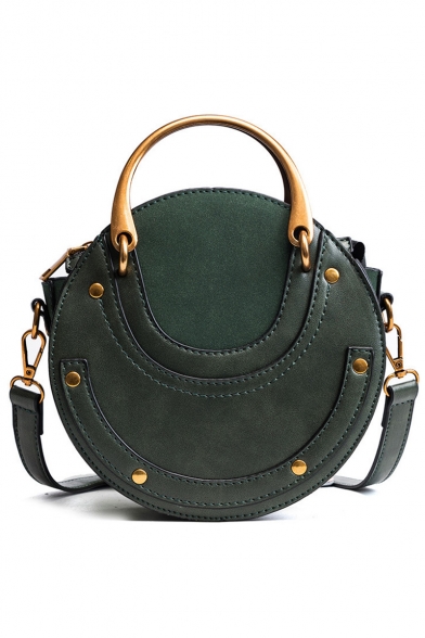 Hot Fashion Solid Color Frosted Patched Rivet Embellishment Top Handle Round Crossbody Bag Handbag 17*16*8 CM