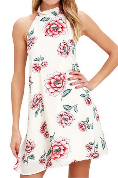 

Hot Popular Chic Floral Printed Halter Neck Sleeveless Open Back Mini A-Line Dress, Black;white, LM545095