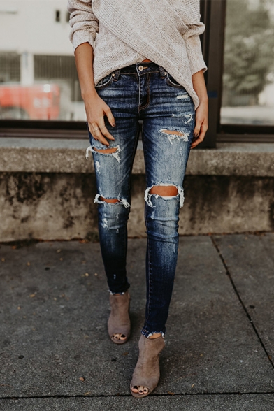 Hot Popular Womens Distressed Ripped Hole Raw Hem Slim Fit Denim Jeans
