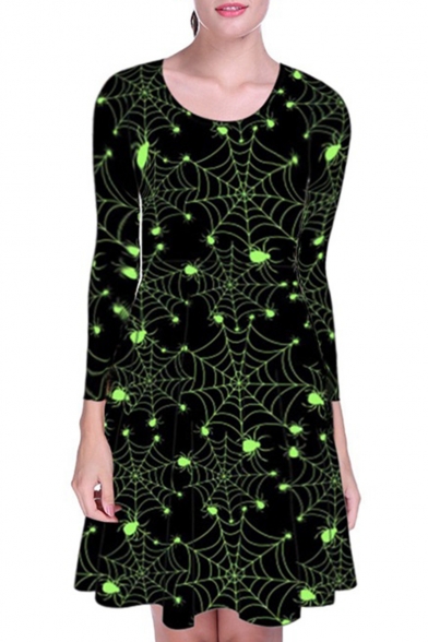 Fashion Black Halloween Spider Web Print Round Neck Long Sleeve Pleated Mini Dress