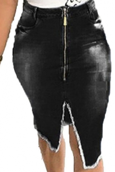 Fashion Plain Washed Zip-Front Split Fringe Hem Slim Fitted Mini Denim Skirt
