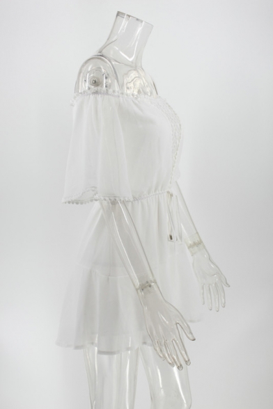White Drawstring Waist Off Shoulder Crochet-Trimmed Short Sleeve Casual Loose Romper for Womens