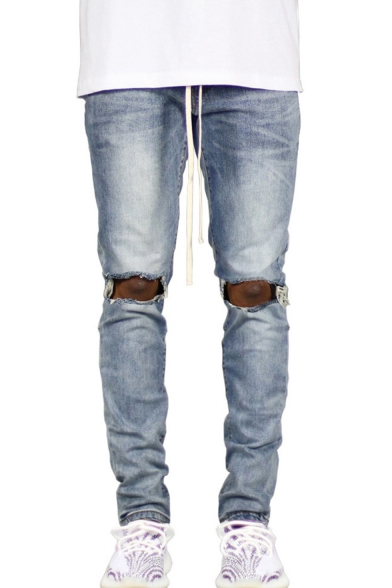Men's Cool Knee Cut Ripped Slim Fit Drawstring Waist Jeans with Holes