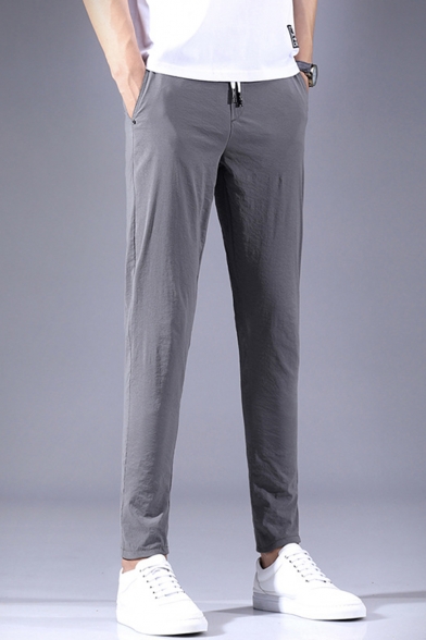 Men's Fashion Simple Plain Drawstring Waist Slim Fit Thin Cotton Casual Pants