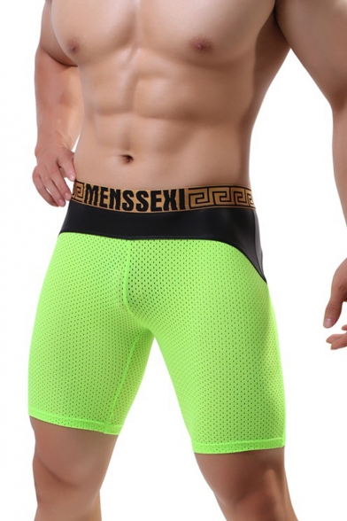 Men's New Fashion Colorblock Mesh Patch Letter Print Breathable Skinny Cycling Shorts