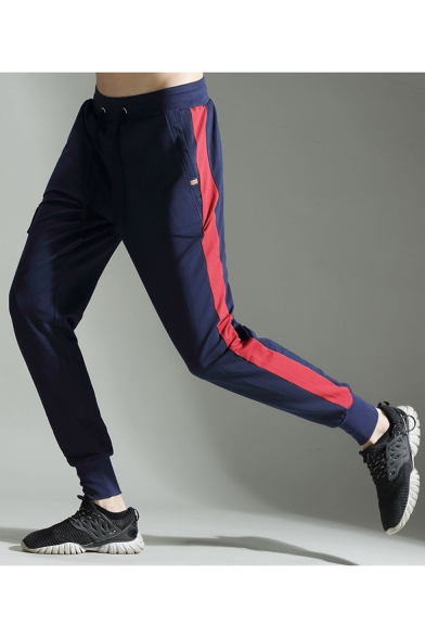 Men's New Fashion Colorblock Patch Side Flap Pocket Drawstring Waist Casual Running Sweatpants