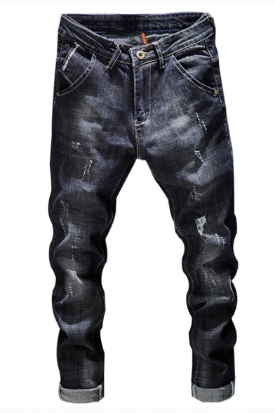 Men's New Fashion Retro Denim Washed Regular Fit Black Destroyed Ripped Jeans
